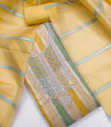 Elegant yellow striped embroidered kurta set with dupatta for women
