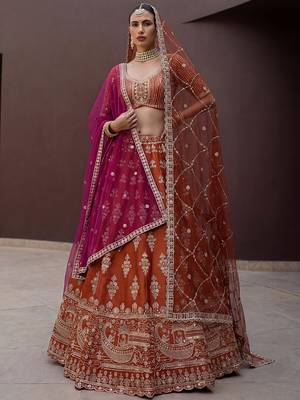 Awesome Rust Orange Hand Work Silk Bridal Lehenga Choli With Double Dupatta 1