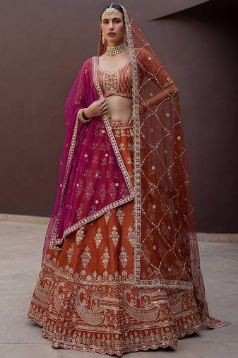 Awesome Rust Orange Hand Work Silk Bridal Lehenga Choli With Double Dupatta