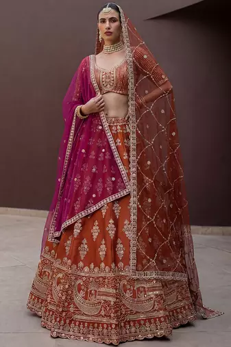 Awesome Rust Orange Hand Work Silk Bridal Lehenga Choli With Double Dupatta