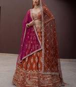 Awesome Rust Orange Hand Work Silk Bridal Lehenga Choli With Double Dupatta