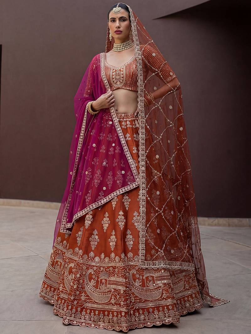 Awesome Rust Orange Hand Work Silk Bridal Lehenga Choli With Double Dupatta