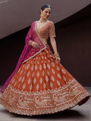 Awesome Rust Orange Hand Work Silk Bridal Lehenga Choli With Double Dupatta 2