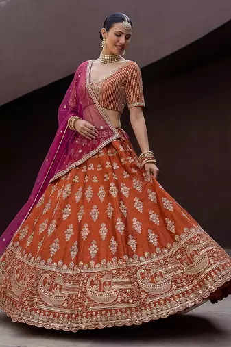 Awesome Rust Orange Hand Work Silk Bridal Lehenga Choli With Double Dupatta