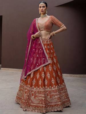 Awesome Rust Orange Hand Work Silk Bridal Lehenga Choli With Double Dupatta 3