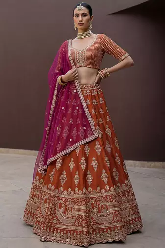 Awesome Rust Orange Hand Work Silk Bridal Lehenga Choli With Double Dupatta