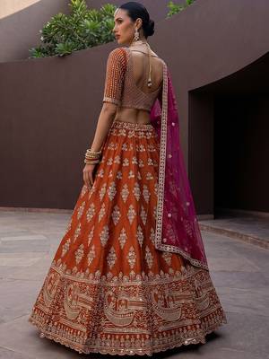 Awesome Rust Orange Hand Work Silk Bridal Lehenga Choli With Double Dupatta 4