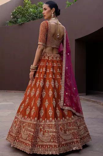 Awesome Rust Orange Hand Work Silk Bridal Lehenga Choli With Double Dupatta