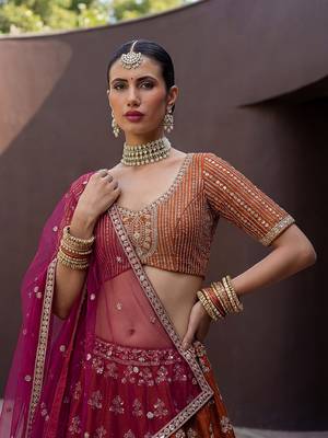 Awesome Rust Orange Hand Work Silk Bridal Lehenga Choli With Double Dupatta 5