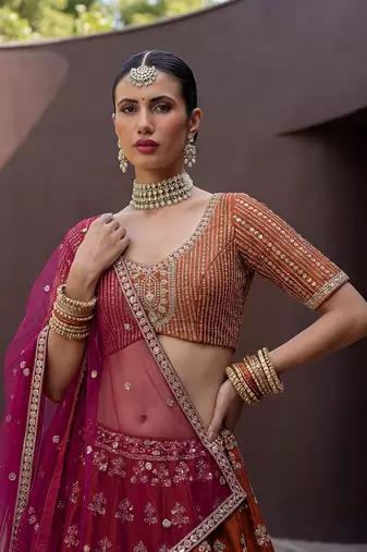 Awesome Rust Orange Hand Work Silk Bridal Lehenga Choli With Double Dupatta
