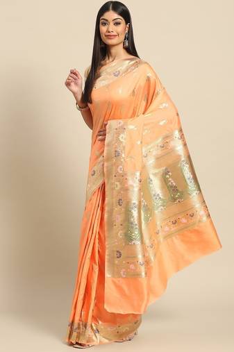Banarasi semi silk saree in orange colour with meenakari work