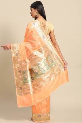 Banarasi silk blend saree in orange colour with meenakari work 2