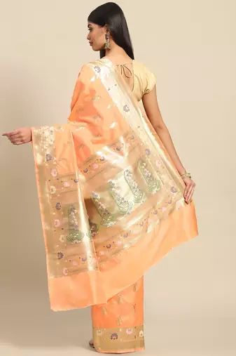 Banarasi silk blend saree in orange colour with meenakari work
