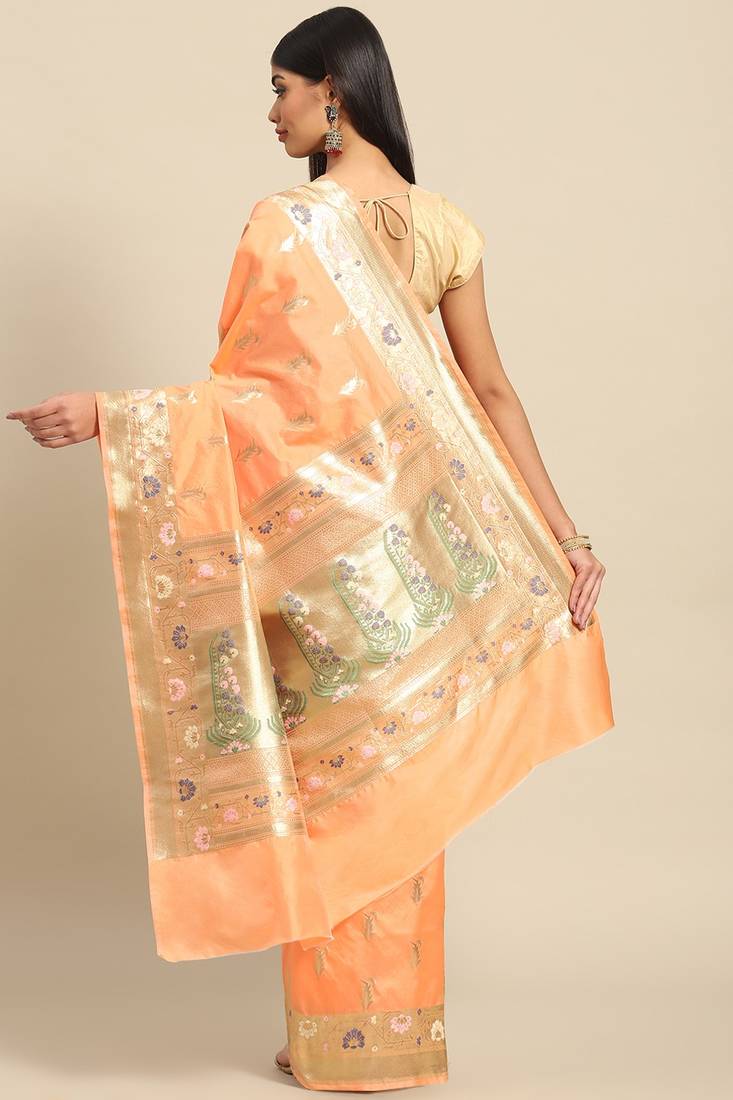 Banarasi silk blend saree in orange colour with meenakari work