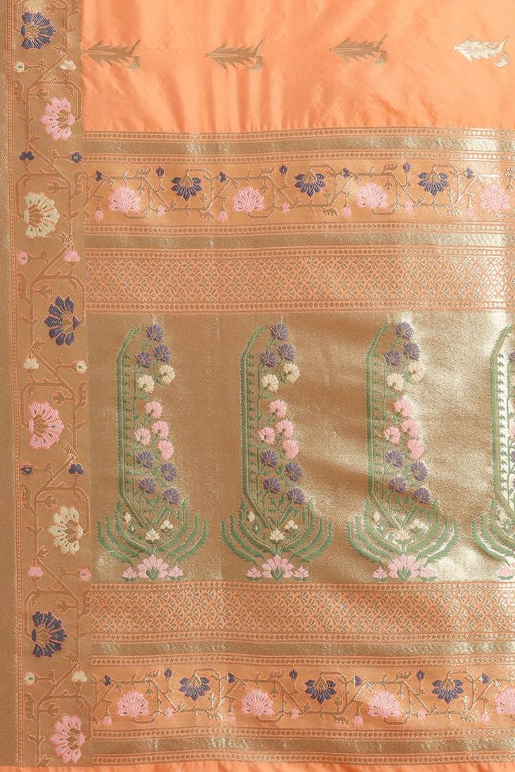 Banarasi silk blend saree in orange colour with meenakari work