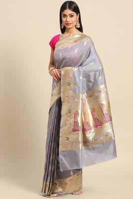 Banarasi silk blend saree in grey colour with meenakari work 1