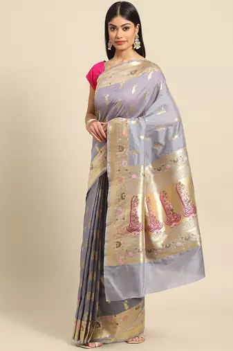 Banarasi semi silk saree in grey colour with meenakari work