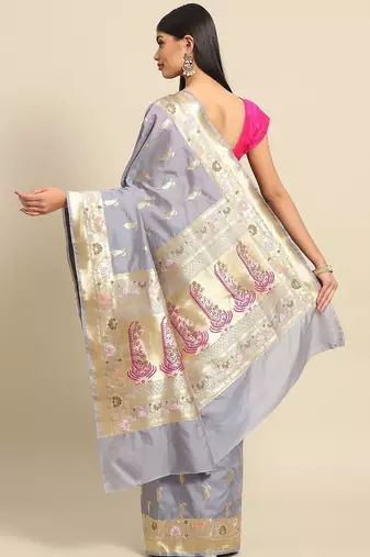 Banarasi silk blend saree in grey colour with meenakari work