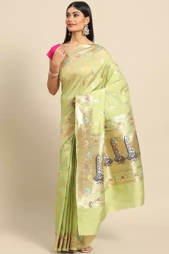 Banarasi semi silk saree in pista green colour with meenakari work