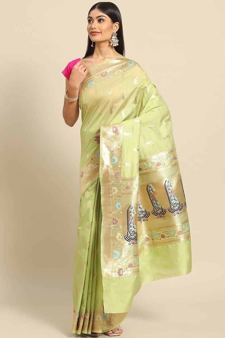 Banarasi silk blend saree in pista green colour with meenakari work