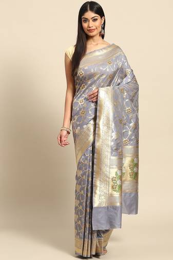 Banarasi silk blend saree in grey colour with meenakari work