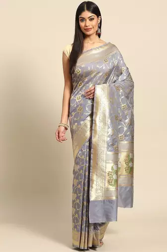 Banarasi semi silk saree in grey colour with meenakari work