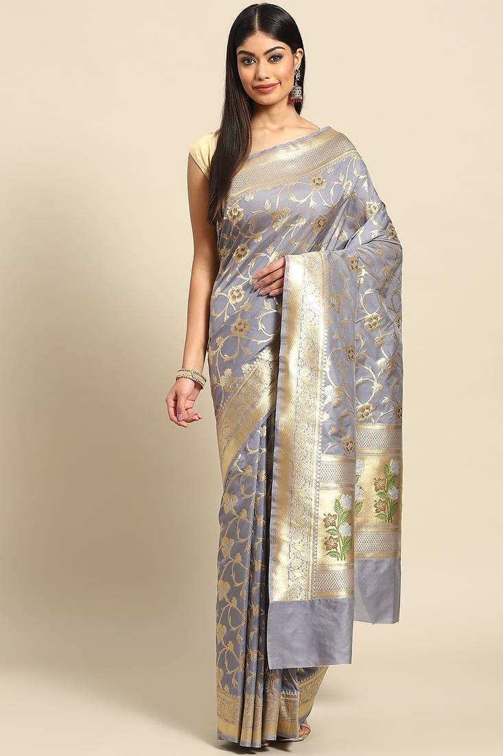 Banarasi silk blend saree in grey colour with meenakari work