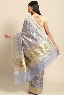 Banarasi silk blend saree in grey colour with meenakari work 2