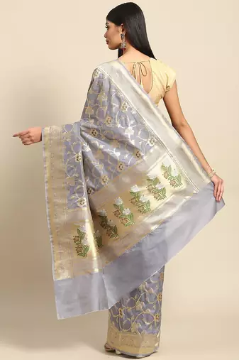 Banarasi silk blend saree in grey colour with meenakari work