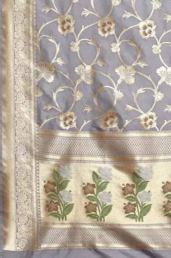 Banarasi silk blend saree in grey colour with meenakari work