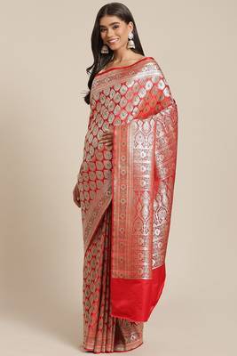 Banarasi silk blend saree in red colour with full brocade zari & meenakari work 1