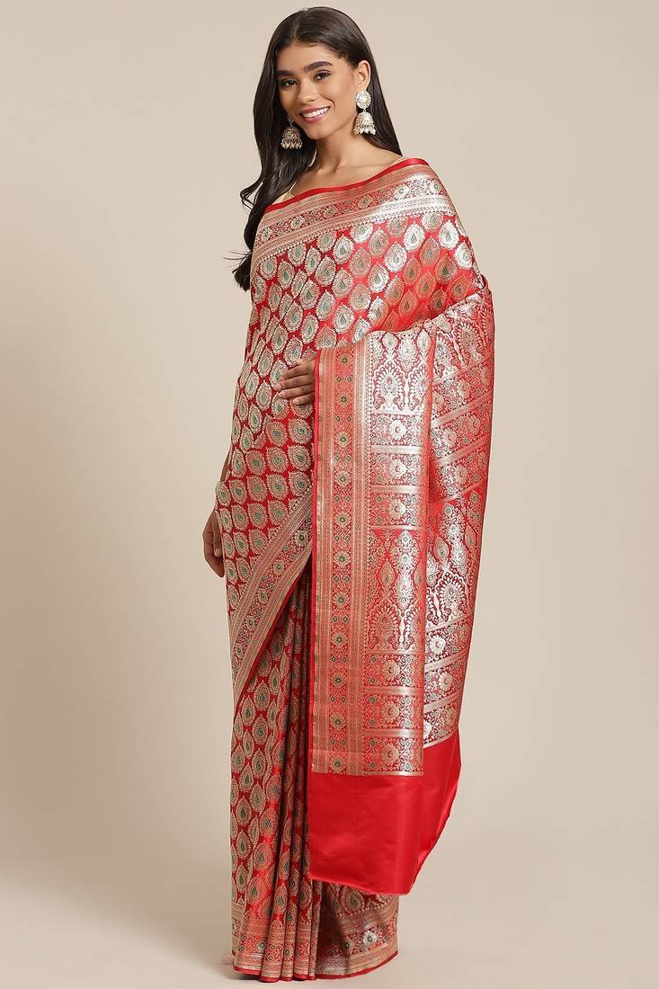Banarasi silk blend saree in red colour with full brocade zari & meenakari work