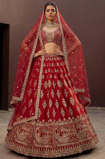 Royal Red Heavy Embroidered Silk Bridal Lehenga Choli With Double Dupatta