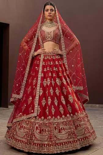 Royal Red Heavy Embroidered Silk Bridal Lehenga Choli With Double Dupatta