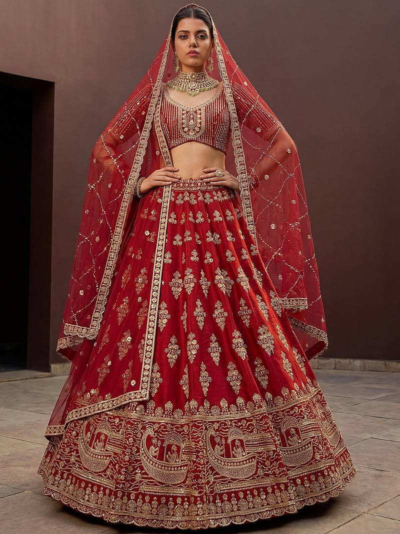Royal Red Heavy Embroidered Silk Bridal Lehenga Choli With Double Dupatta