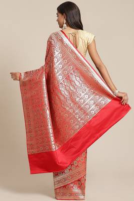 Banarasi silk blend saree in red colour with full brocade zari & meenakari work 2