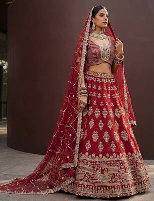 Royal Red Heavy Embroidered Silk Bridal Lehenga Choli With Double Dupatta 2