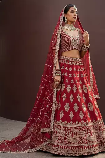 Royal Red Heavy Embroidered Silk Bridal Lehenga Choli With Double Dupatta