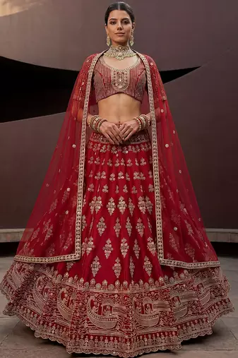 Royal Red Heavy Embroidered Silk Bridal Lehenga Choli With Double Dupatta