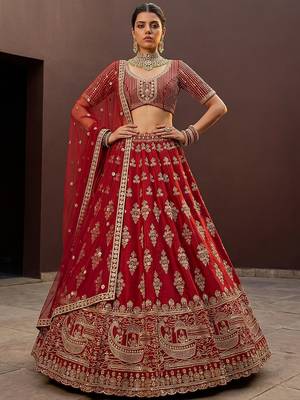Royal Red Heavy Embroidered Silk Bridal Lehenga Choli With Double Dupatta 4