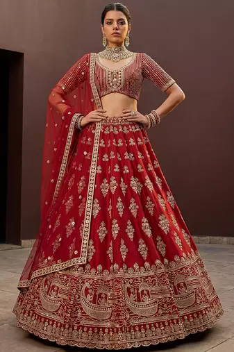 Royal Red Heavy Embroidered Silk Bridal Lehenga Choli With Double Dupatta