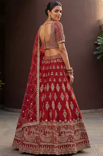 Royal Red Heavy Embroidered Silk Bridal Lehenga Choli With Double Dupatta