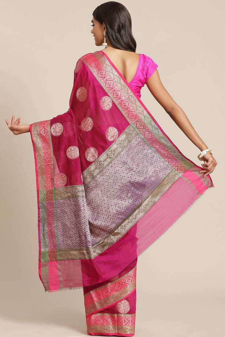 Banarasi silk blend saree in rani pink colour with  zari boota work