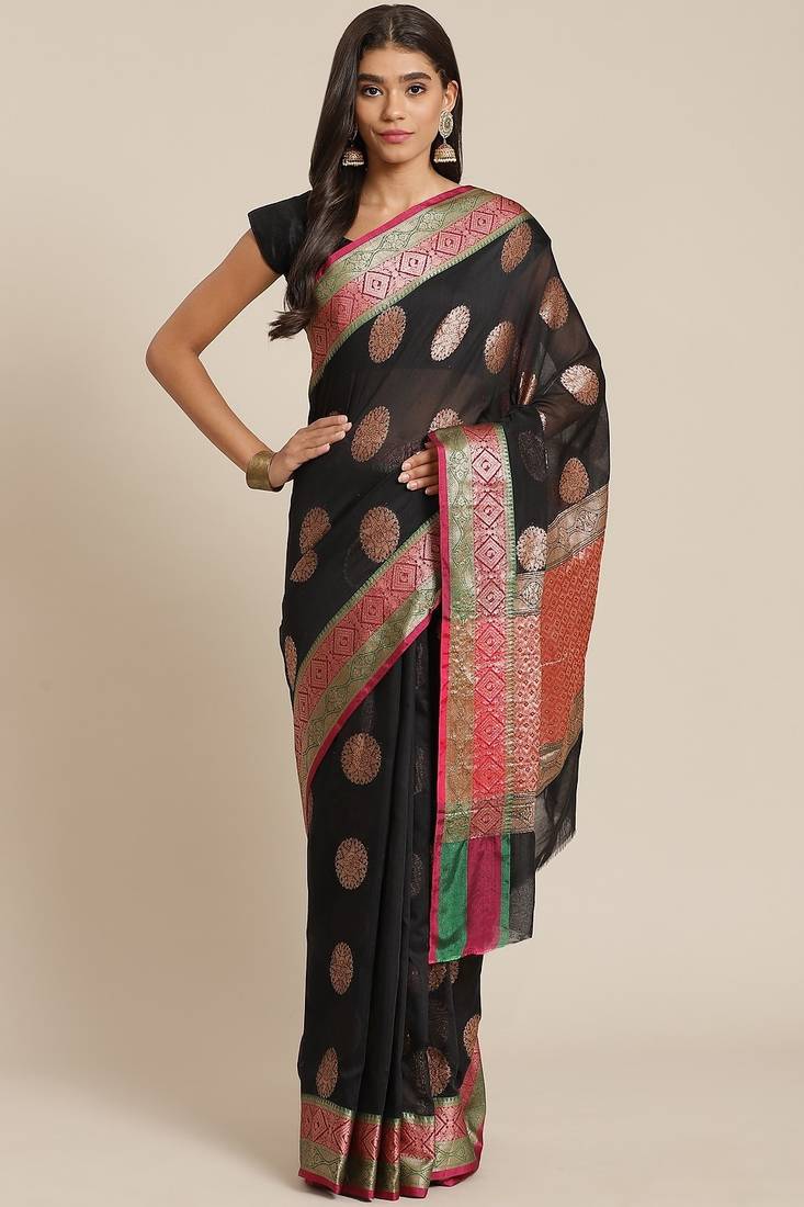 Banarasi silk blend saree in black colour with  zari boota work