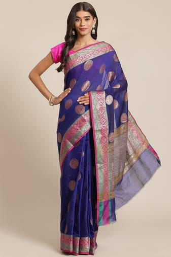 Banarasi semi silk saree in navy blue colour with  zari boota work
