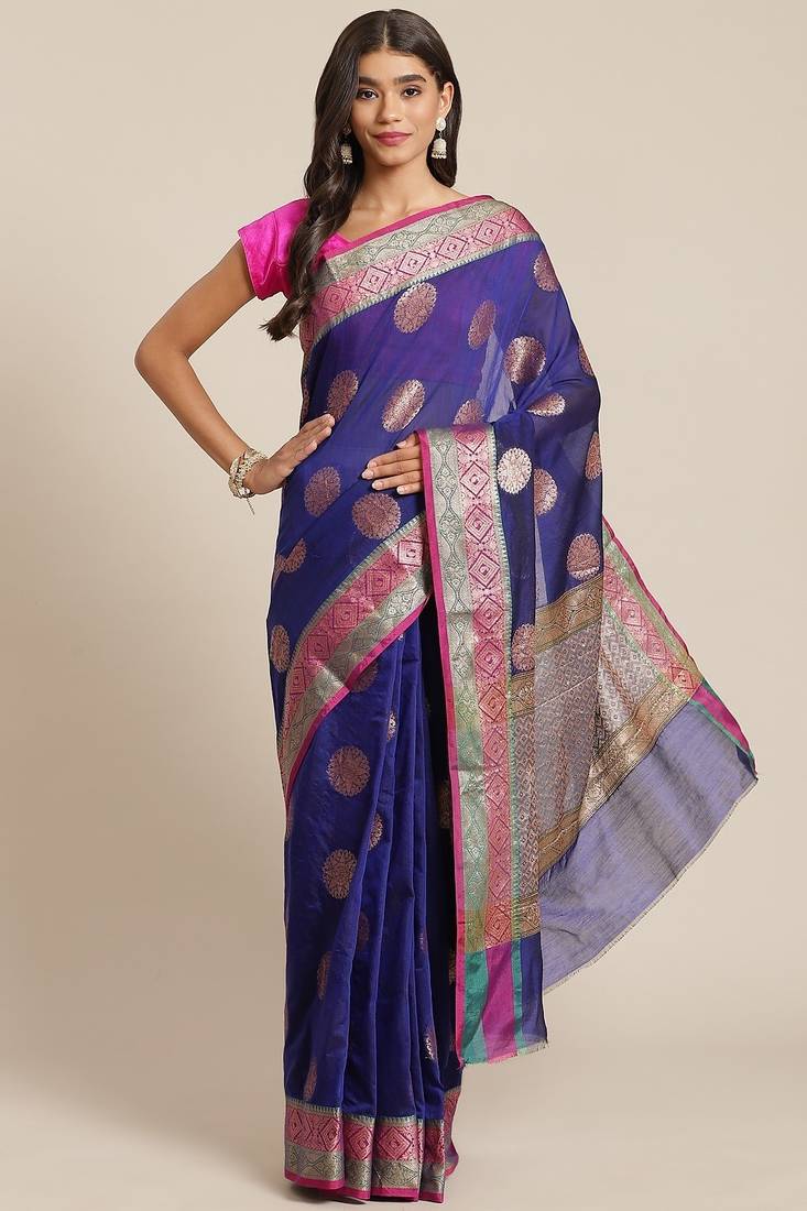 Banarasi silk blend saree in navy blue colour with  zari boota work