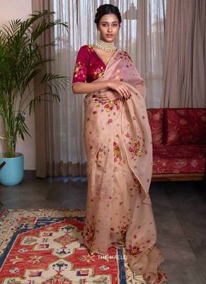 New Soft Tabi Flower Print With Handwork Cut Dana Work Saree With Blouse Set For Women's 1
