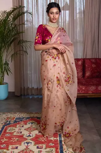 New Soft Tabi Flower Print With Handwork Cut Dana Work Saree With Blouse Set For Women's