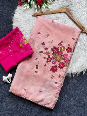 New Soft Tabi Flower Print With Handwork Cut Dana Work Saree With Blouse Set For Women's 5