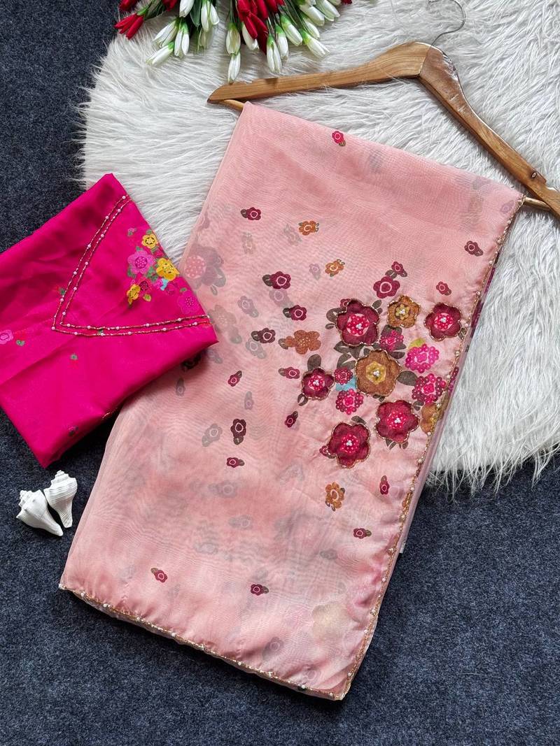 New Soft Tabi Flower Print With Handwork Cut Dana Work Saree With Blouse Set For Women's